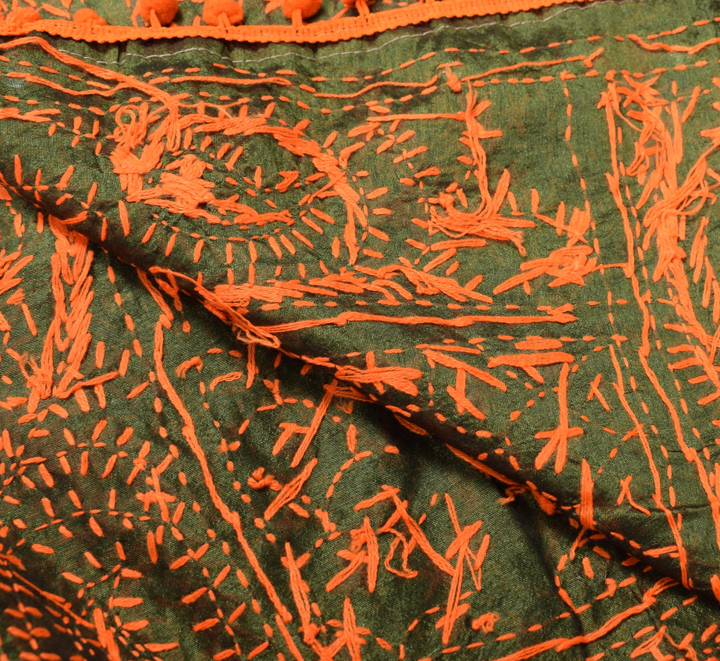 Sushila Vintage Heavy OOAK Dupatta Art Silk Handmade Phulkari Green Long Stole