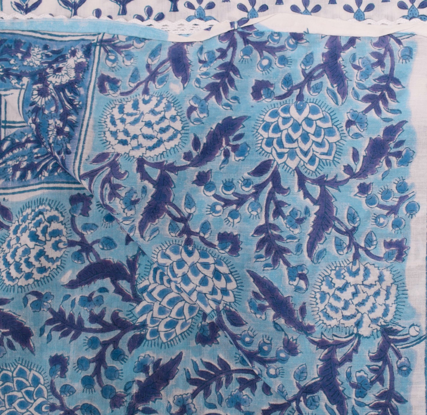 Sushila Vintage White Floral Dupatta 100%Pure Cotton Hand Block Print Long Stole