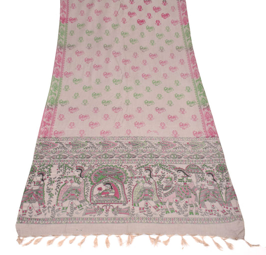 Sushila Vintage Madhubani Hand Printed Dupatta Gray Pure Cotton Soft Long Stole