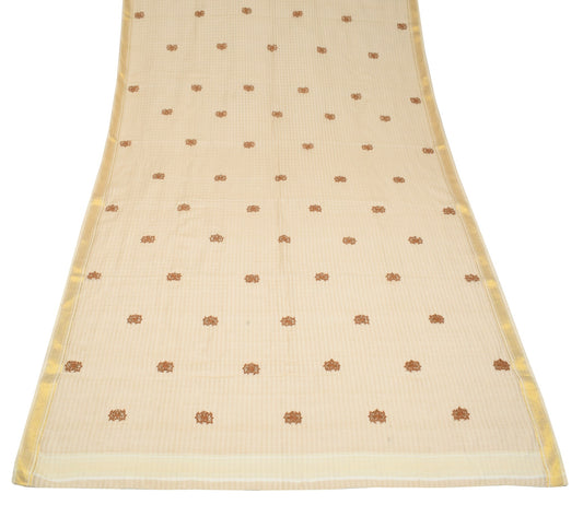 Sushila Vintage Cream Dupatta 100%Pure Cotton Floral Embroidered Long Stole Wrap
