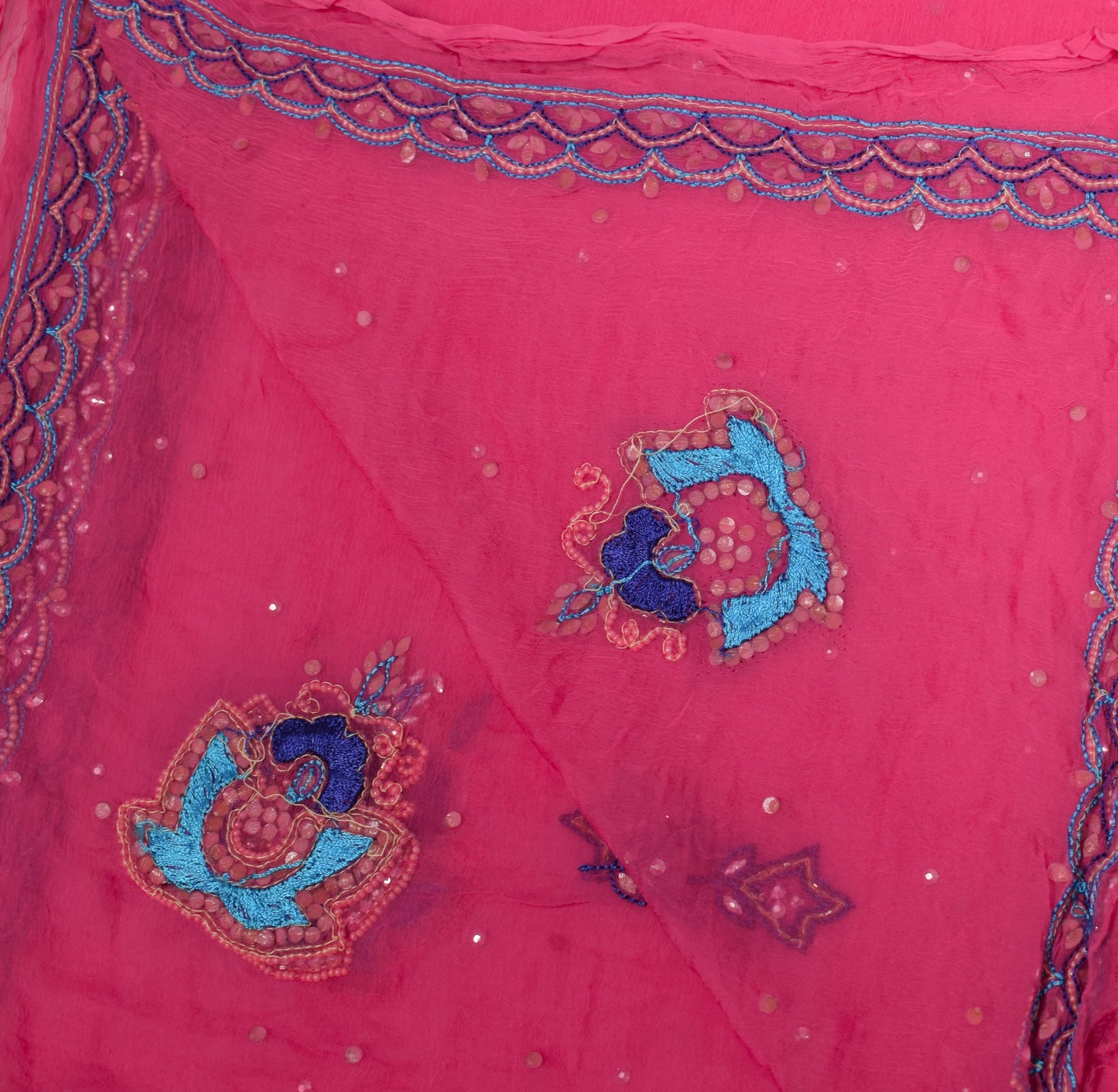 Sushila Vintage Pink Pure Chiffon Silk Dupatta Hand Beaded Floral Long Stole
