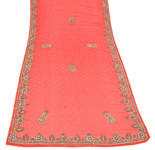 Sushila Vintage Red Heavy Dupatta Pure Chiffon Glass Beads Embellish Long Stole