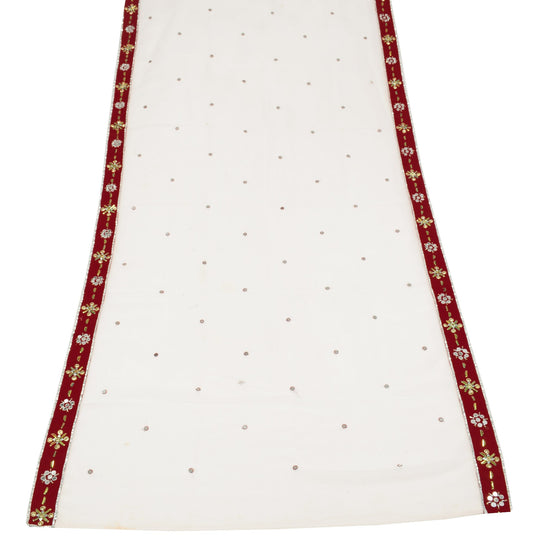 Sushila Vintage White Dupatta with Red Mirror Border Art Georgette Long Stole