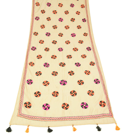 Sushila Vintage Cream Dupatta 100% Pure Cotton Silk Hand Embroidered Long Stole