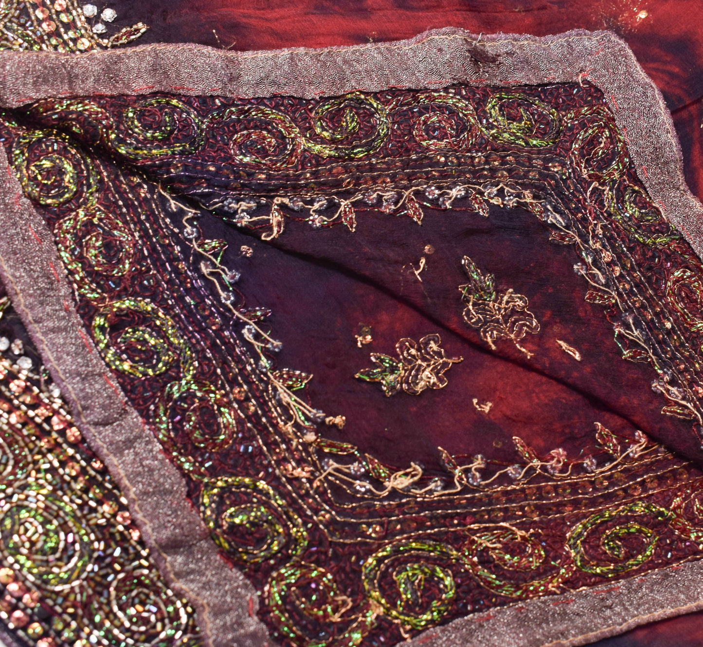 Sushila Vintage Tie-Dye Dupatta Pure Chiffon Glass Beads Embroidered Long Stole