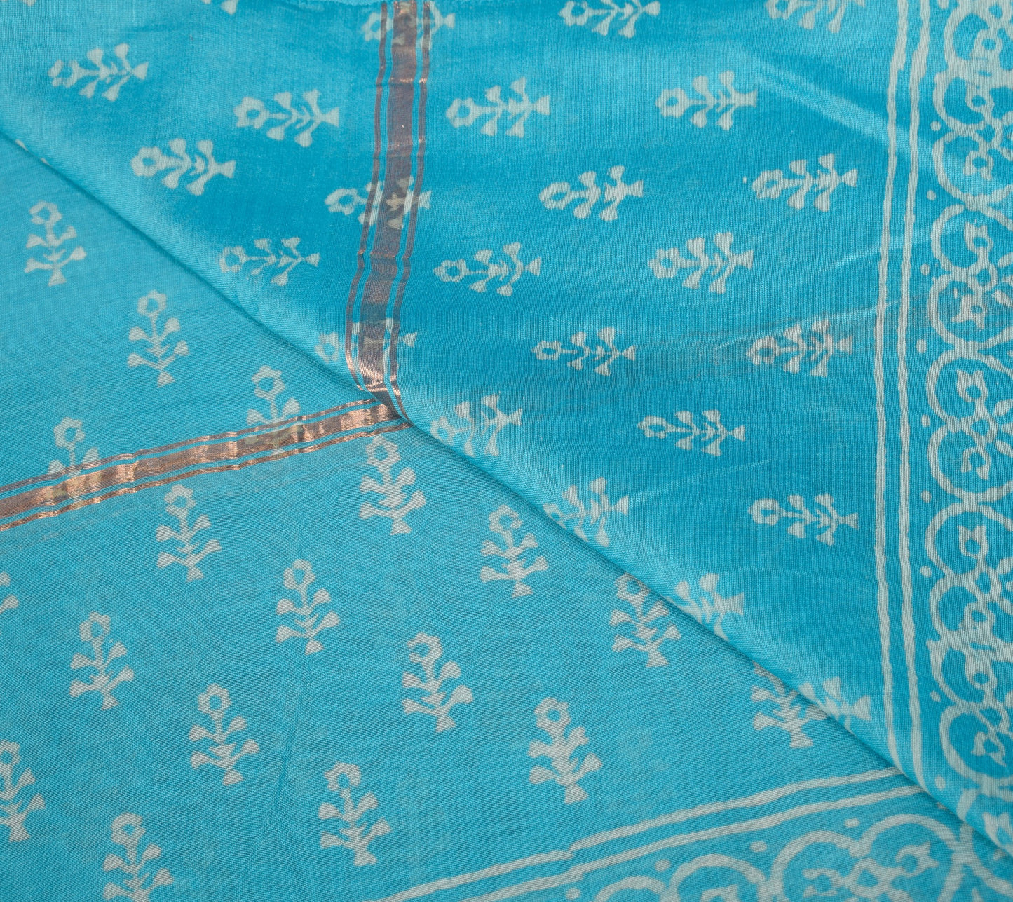 Sushila Vintage Pure Cotton Dupatta Turquoise Blue Hand Block Printed Long Stole