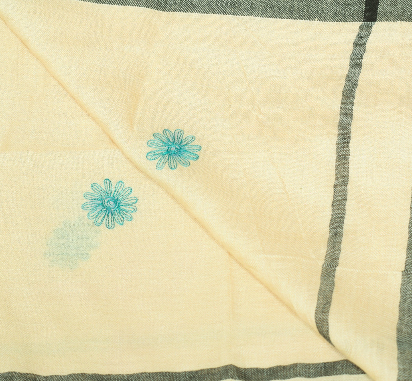 Sushila Vintage Pure Woolen Dupatta Woven Kashmiri Embroidered Cream Long Stole
