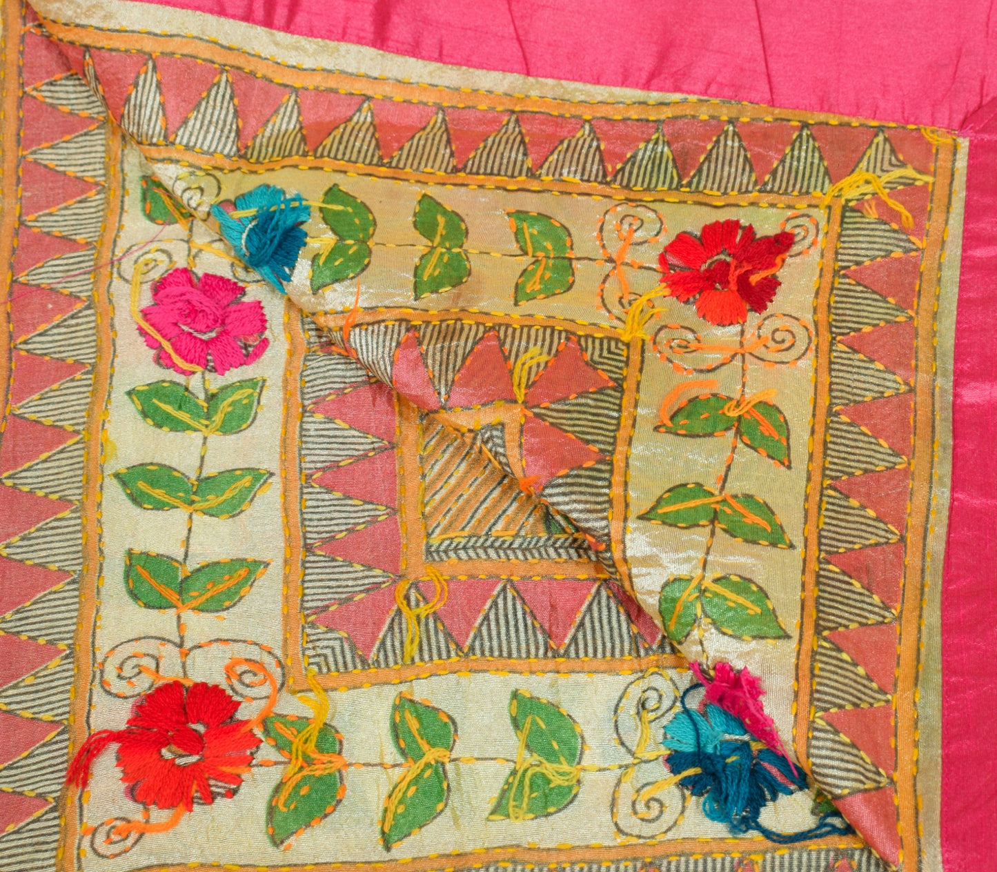 Sushila Vintage Cream Art Silk Dupatta Folk Printed & Hand Embroidery Long Stole