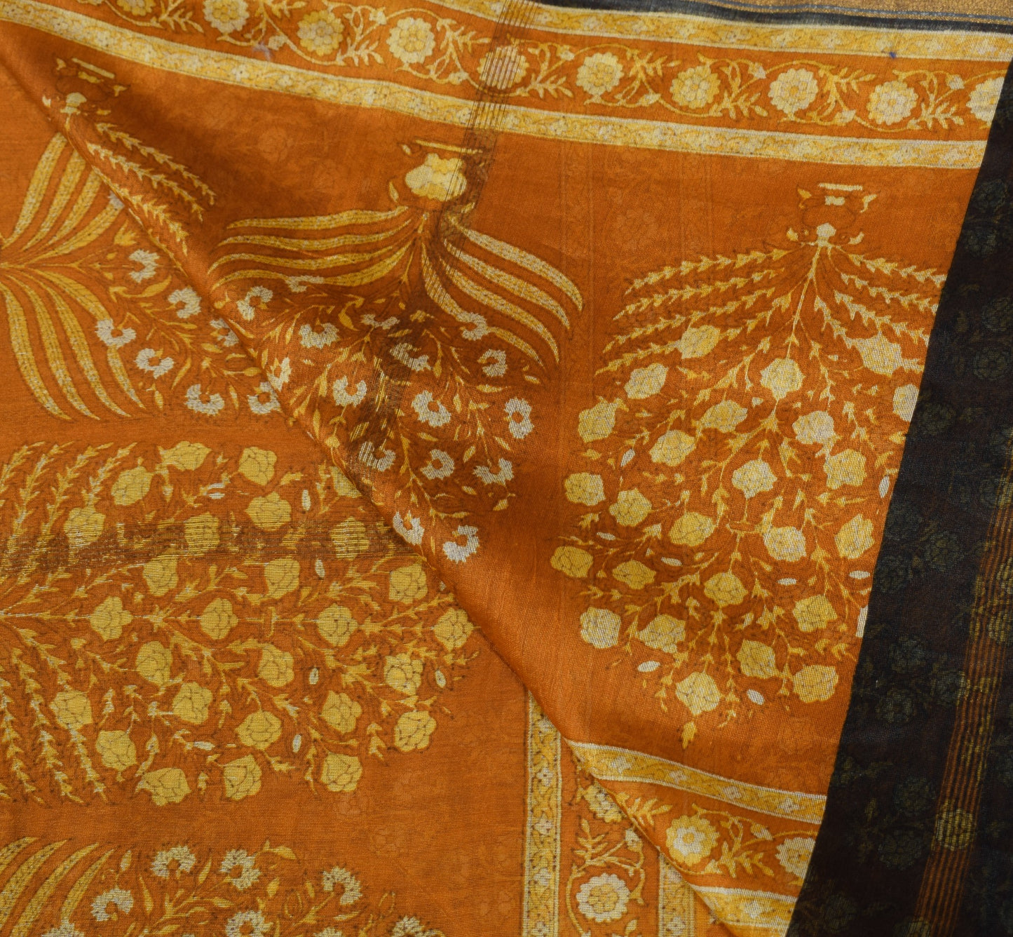 Sushila Vintage Mustard Floral Dupatta Pure Cotton Silk Printed Wrap Long Stole