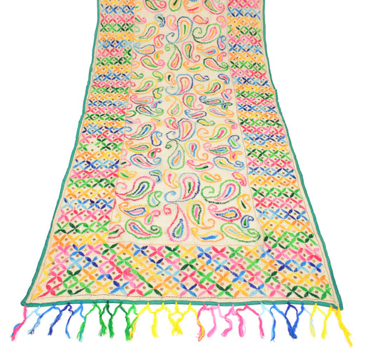 Sushila Vintage Cream Heavy Dupatta Art Silk Handmade Traditional OOAK Stole