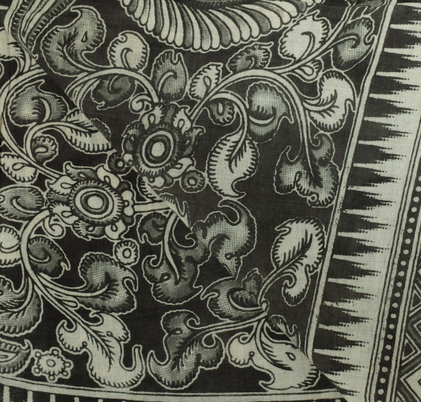 Sushila Vintage Handmade Kalamkari Dupatta Pure Cotton Cream Black Long Stole