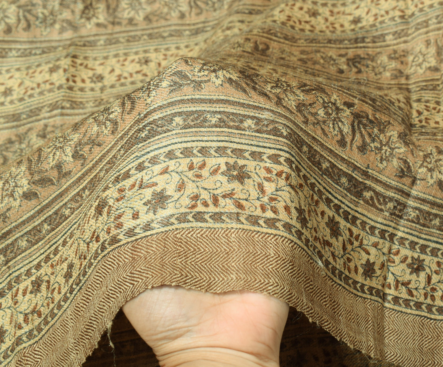 Sushila Vintage Pure Woolen Dupatta Soft Brown Hand Block Printed Long Stole