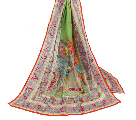 Sushila Vintage Green Handmade Dupatta Madhubani Art Chanderi Cotton Long Stole