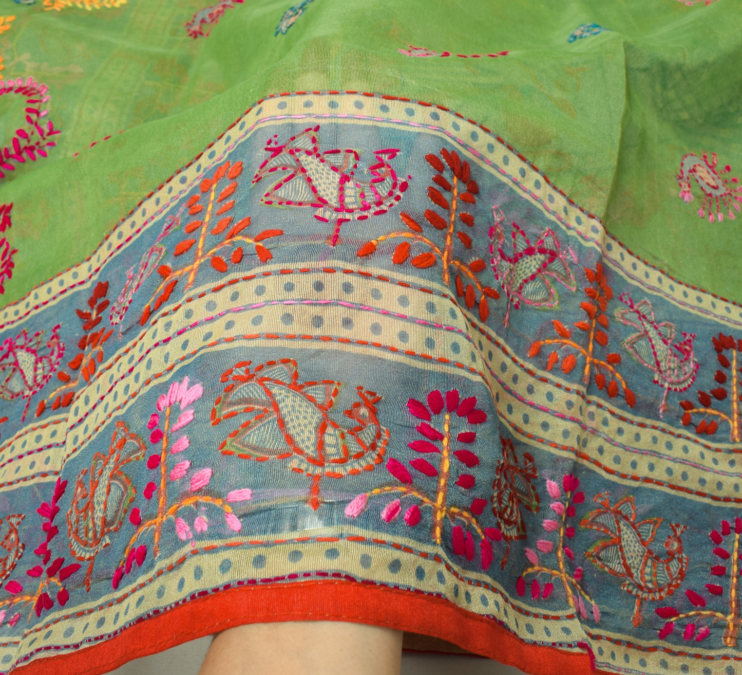 Sushila Vintage Green Handmade Dupatta Madhubani Art Chanderi Cotton Long Stole