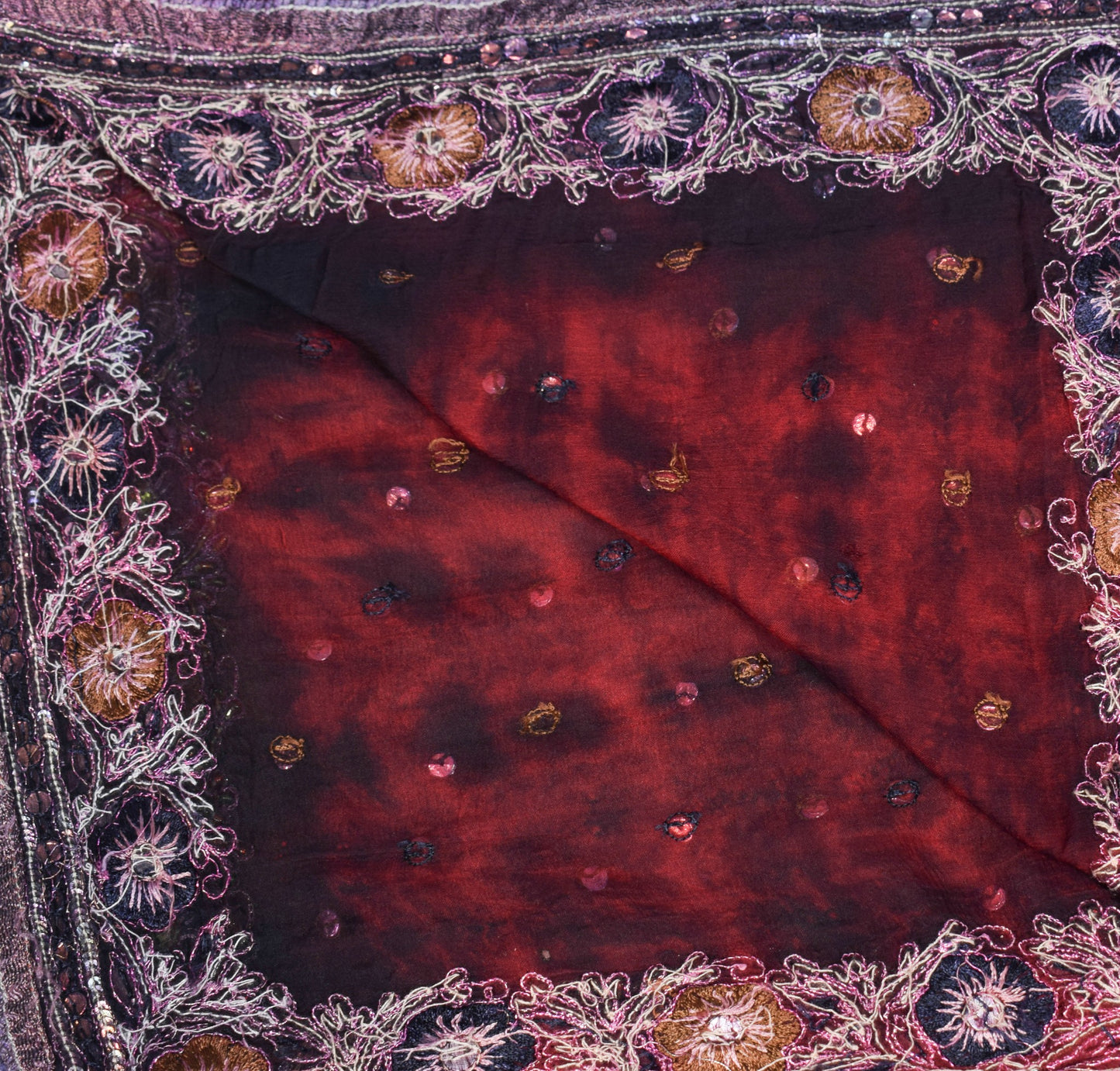 Sushila Vintage Tie-Dye Red Black Dupatta Pure Chiffon Silk Hand Work Long Stole