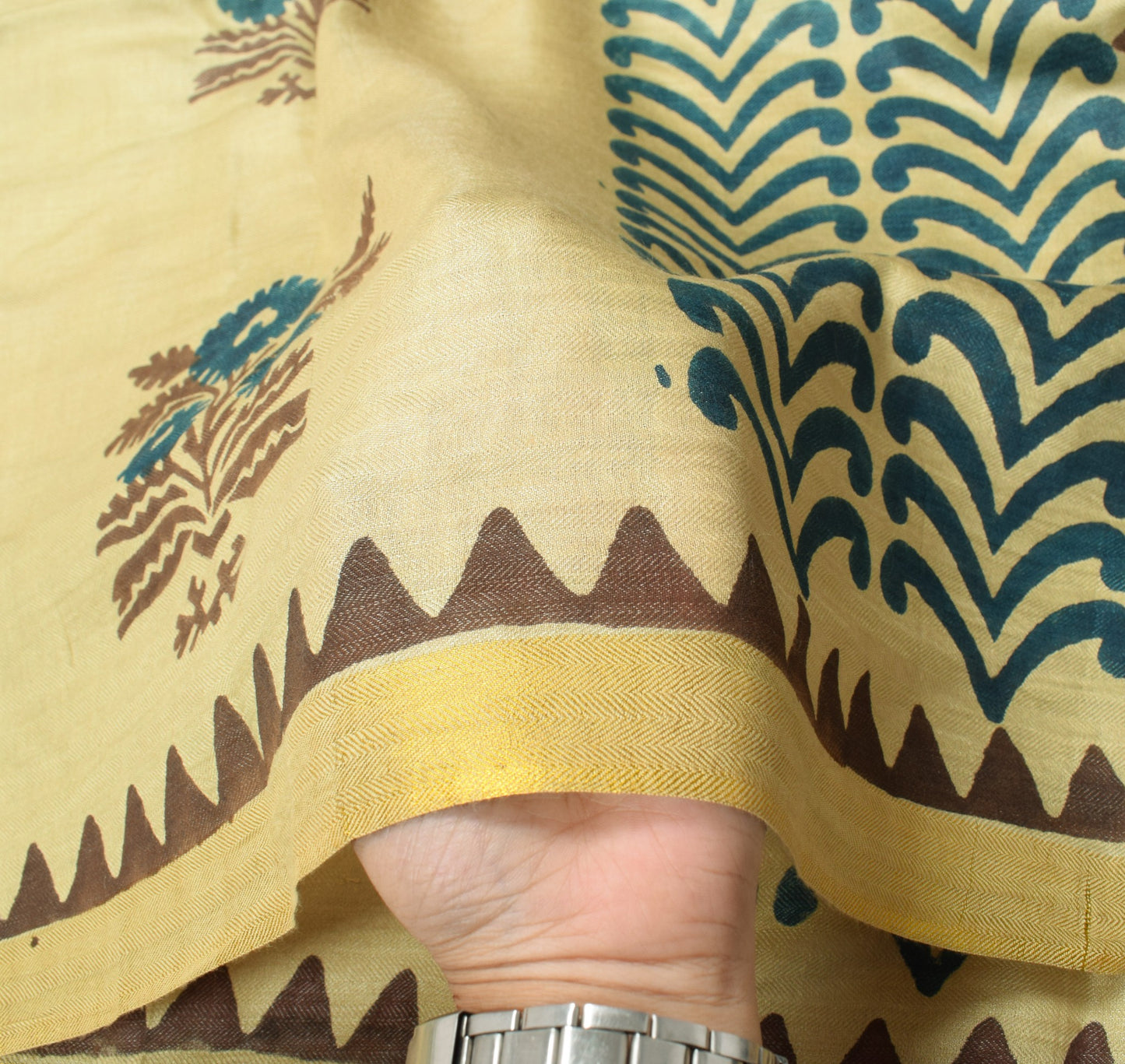 Sushila Vintage Hand Block Printed Dupatta Cream Pure Woolen Shawl Long Stole