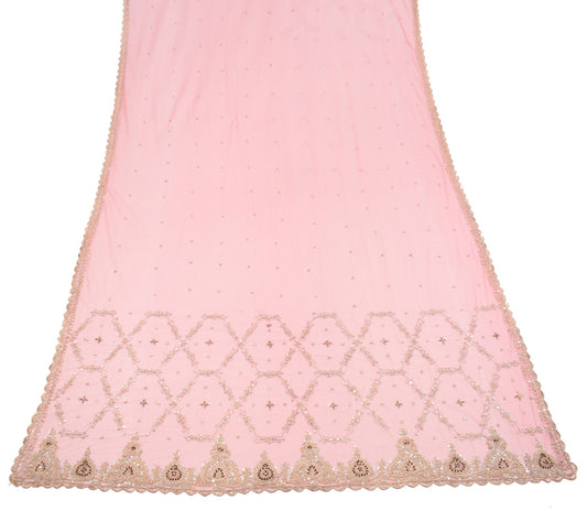 Sushila Vintage Coral Pink Net Dupatta Hand Beaded Zardozi Wedding Long Stole