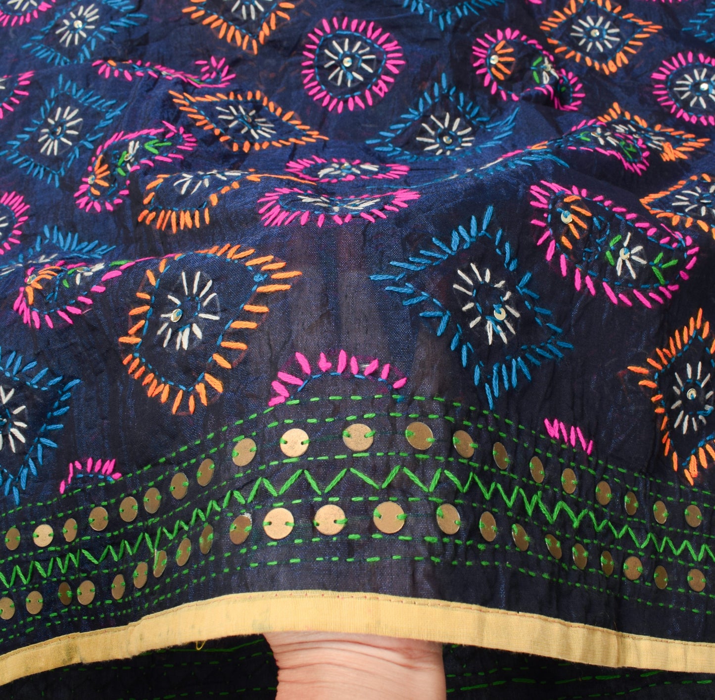 Sushila Vintage Dark Blue Dupatta Art Silk Handmade Phulkari OOAK Long Stole