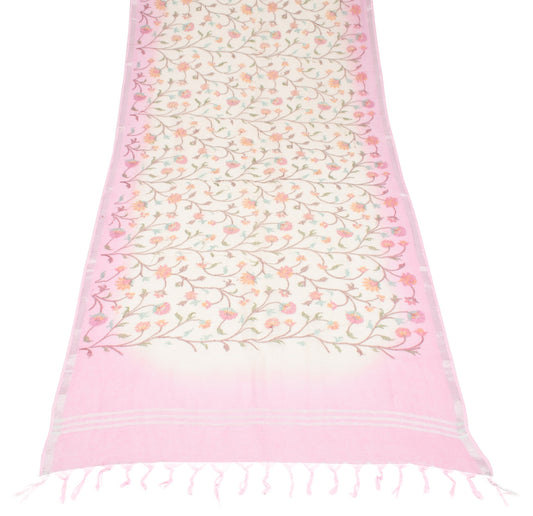 Sushila Vintage Cream 100%Pure Linen Dupatta Floral Embroidered Woven Long Stole