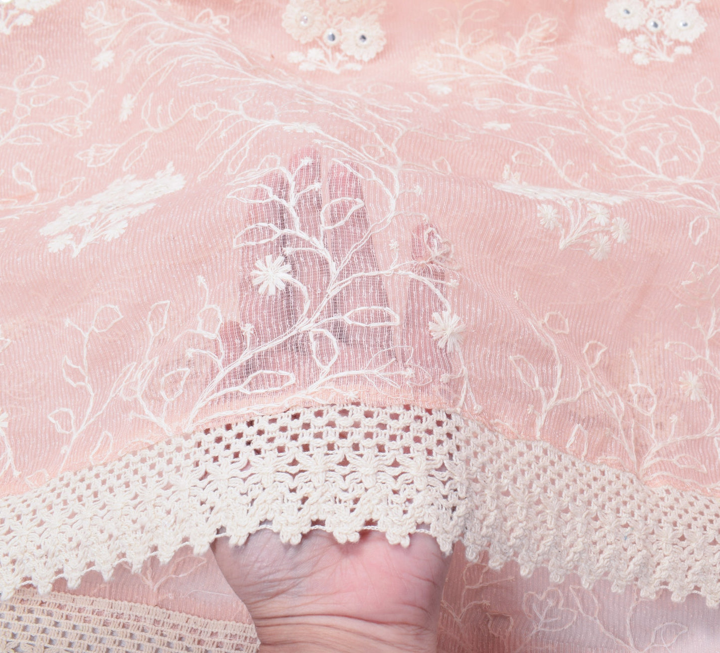 Sushila Vintage Pink Art Silk Dupatta Embroidered with Crochet Border Long Stole