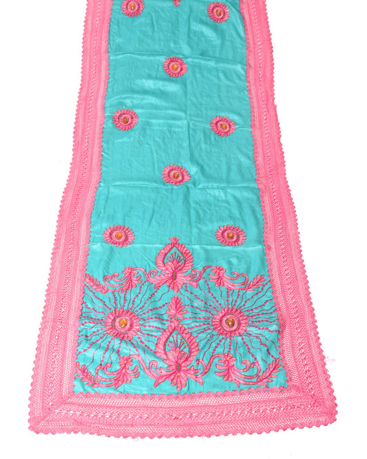 Sushila Vintage Teal Green Dupatta Floral Embroidered Pure Tussar Silk LongStole