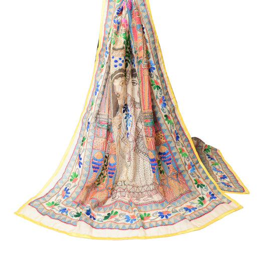 Sushila Vintage Cream Handmade Dupatta Madhubani Art Cotton Silk Long Stole
