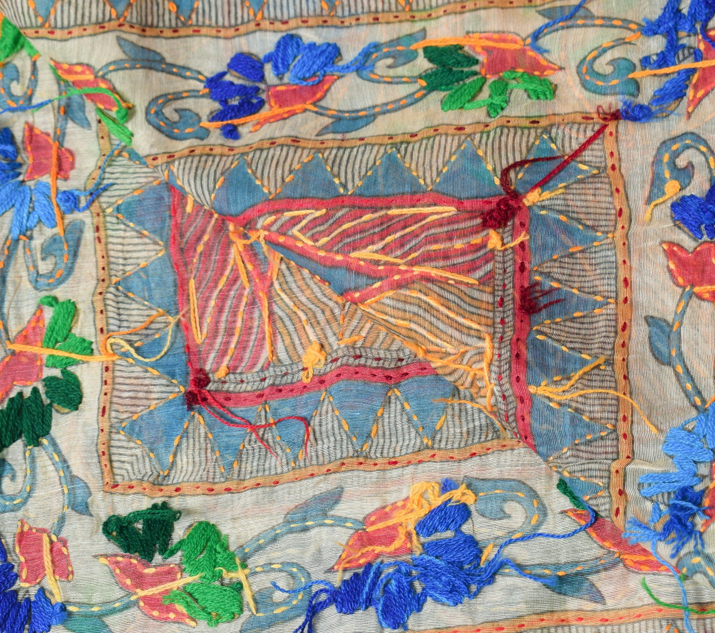 Sushila Vintage Cream Handmade Dupatta Madhubani Art Cotton Silk Long Stole