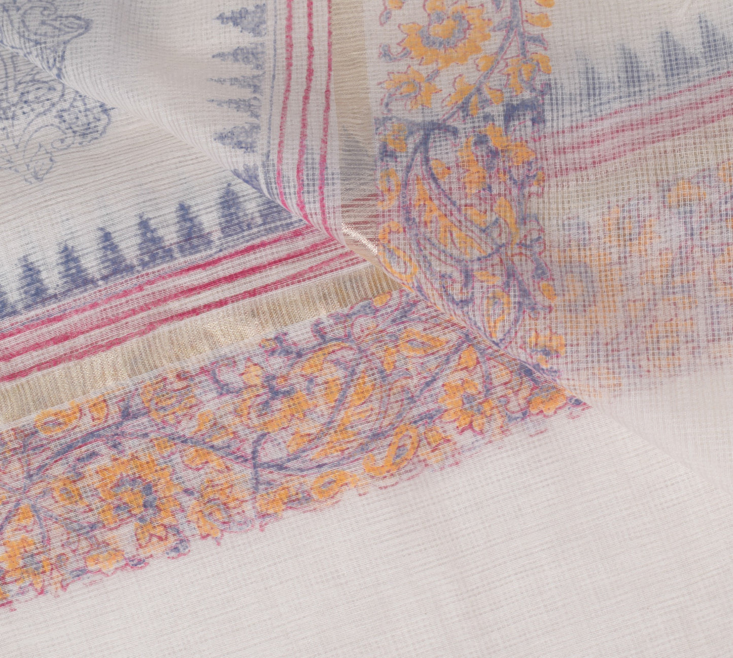Sushila Vintage White Kota Doria Dupatta Hand Block Printed Floral Long Stole