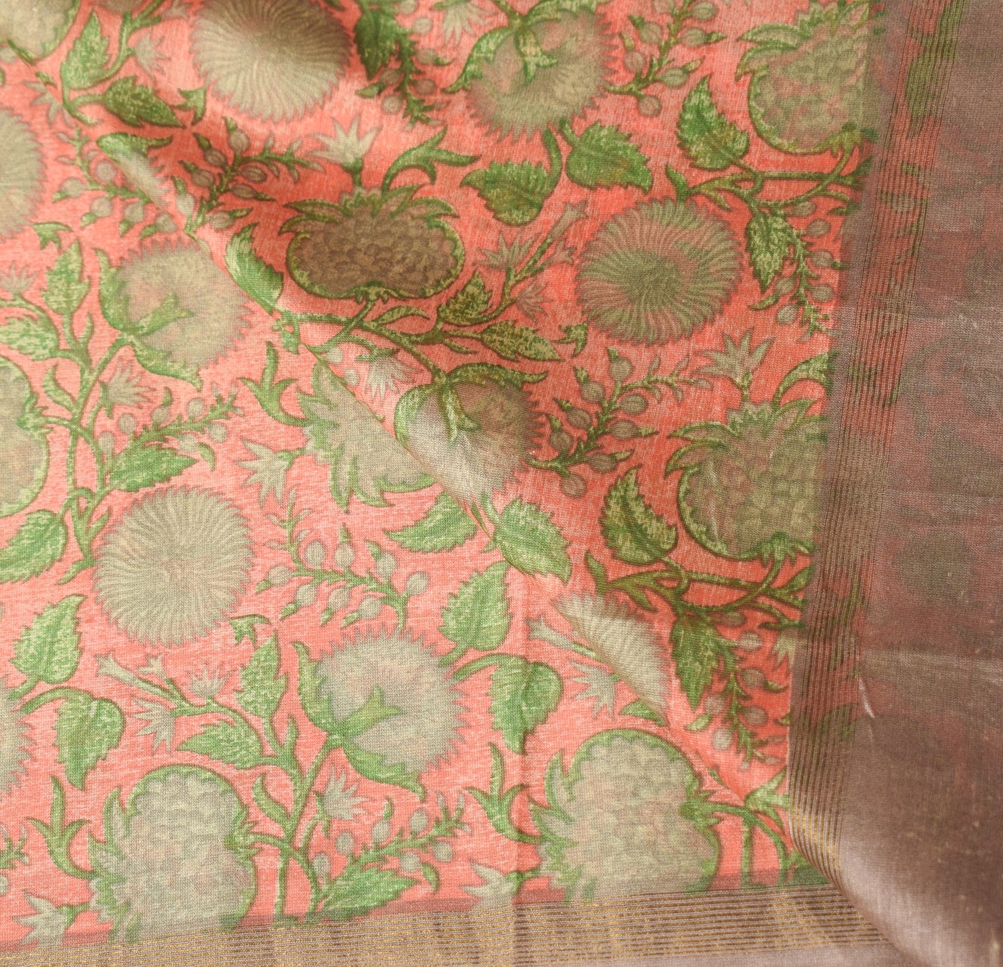 Sushila Vintage Dark Peach Dupatta 100% Pure Cotton Silk Floral Print Long Stole