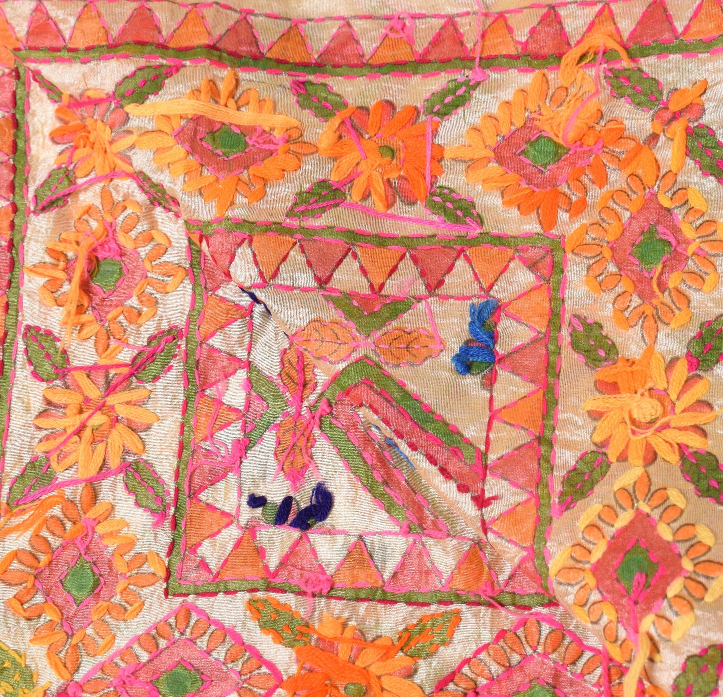 Sushila Vintage Cream Heavy Dupatta Art Silk Handmade Phulkari OOAK Long Stole