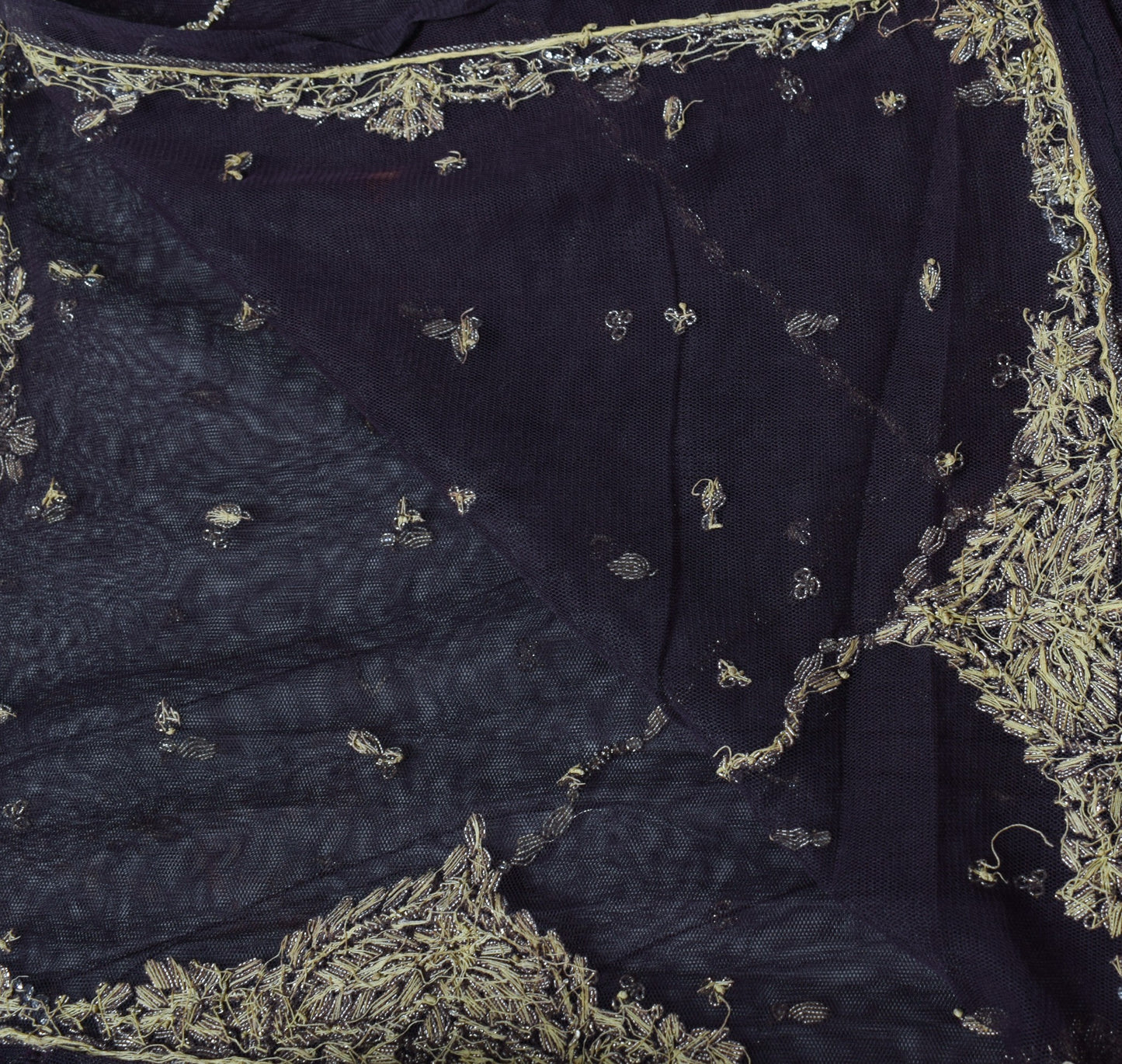 Sushila Vintage Dark Purple Dupatta Hand Beaded Zardozi Net Mesh Long Stole Wrap
