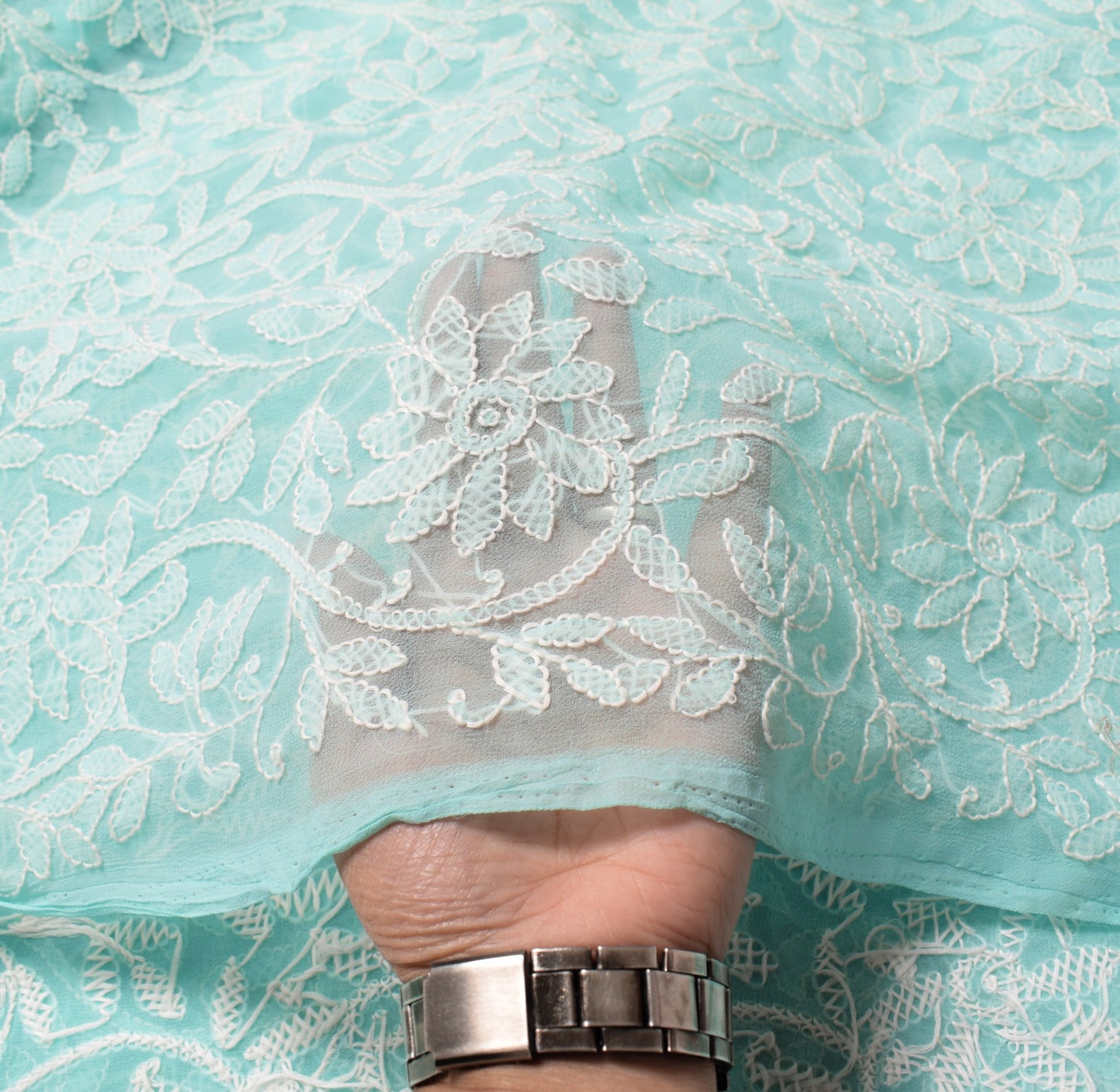 Sushila Vintage Lucknowi Chikankari Dupatta Aqua Green Art Georgette Long Stole