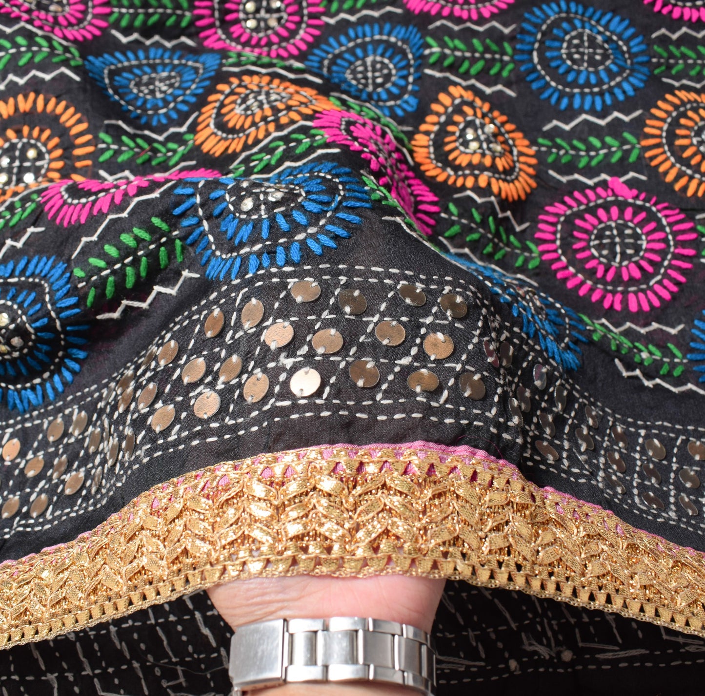 Sushila Vintage Black Heavy Dupatta Art Silk Handmade Phulkari OOAK Long Stole