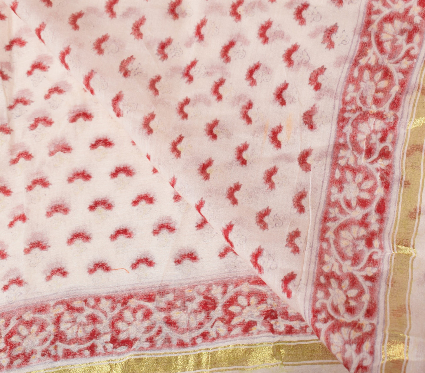 Sushila Vintage Off White Dupatta Hand Block Pure Cotton Silk Floral Long Stole