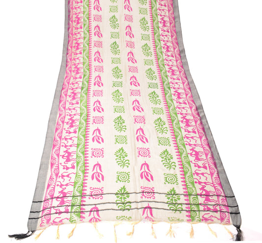 Sushila Vintage Cream Dupatta Art Woolen Warli & Floral Hand Print Long Stole