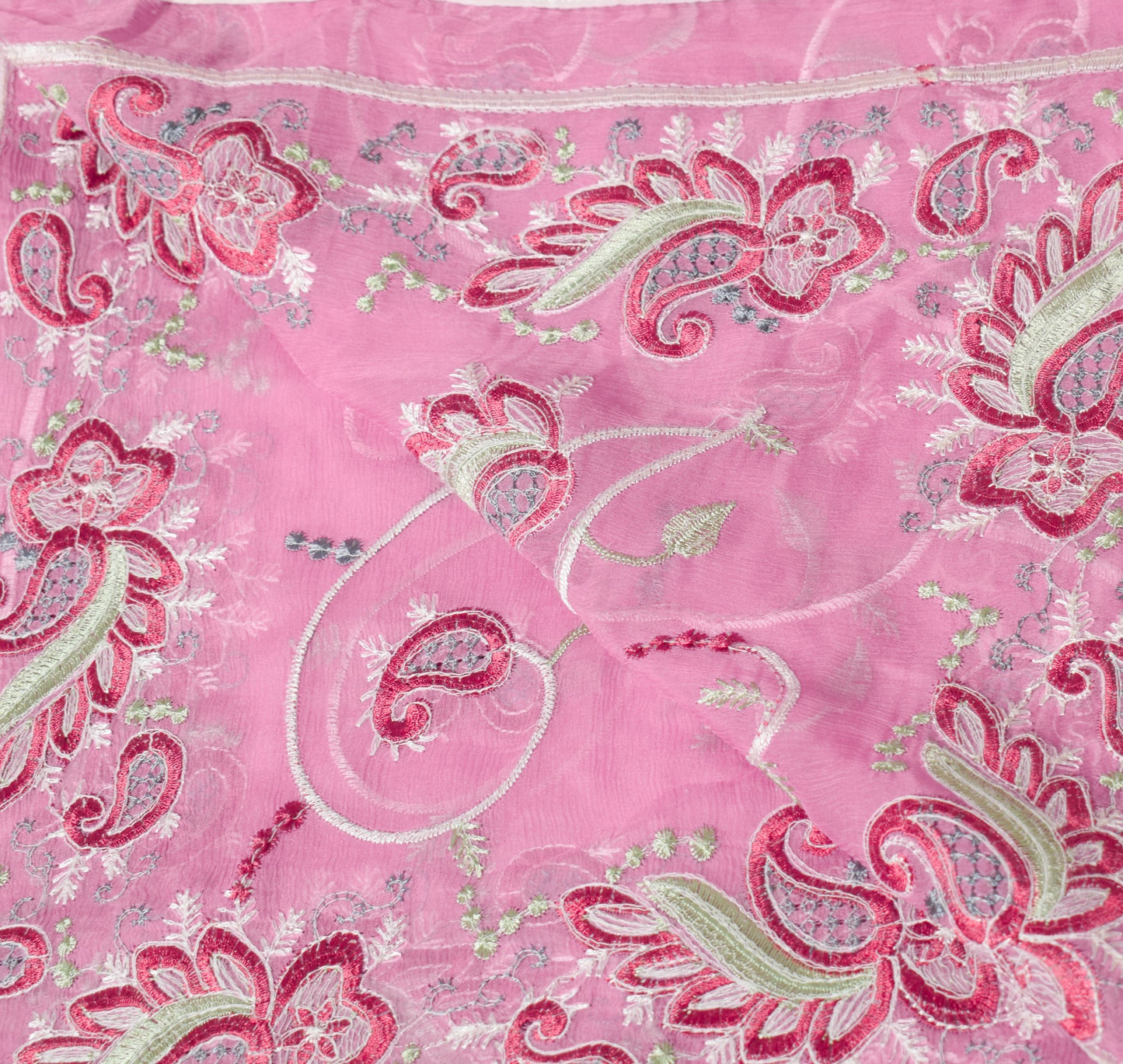 Sushila Vintage Pink Embroidered Dupatta Pure Chiffon Paisley Indian Long Stole
