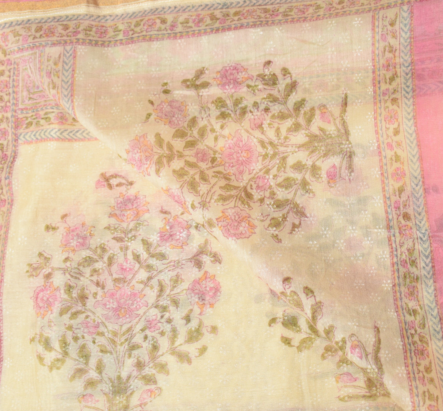 Sushila Vintage Cream Dupatta Pure Cotton Silk Floral Hand Block Long Stole Wrap