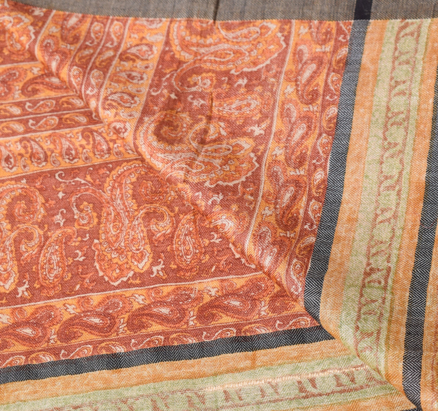 Sushila Vintage Pure Woolen Dupatta Paisley Printed Cream Soft Warm Long Stole