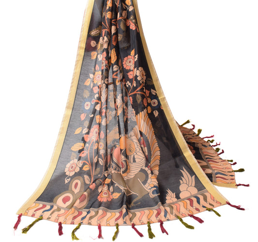 Sushila Vintage Black Dupatta Art Cotton Kalamkari Printed Peacock Long Stole
