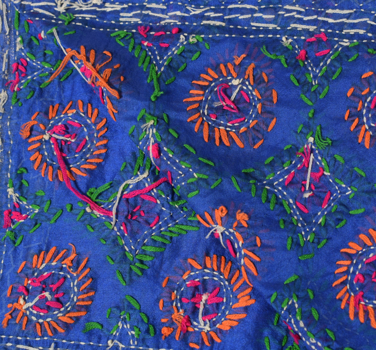 Sushila Vintage Blue Heavy Dupatta Art Silk Handmade Phulkari OOAK Long Stole