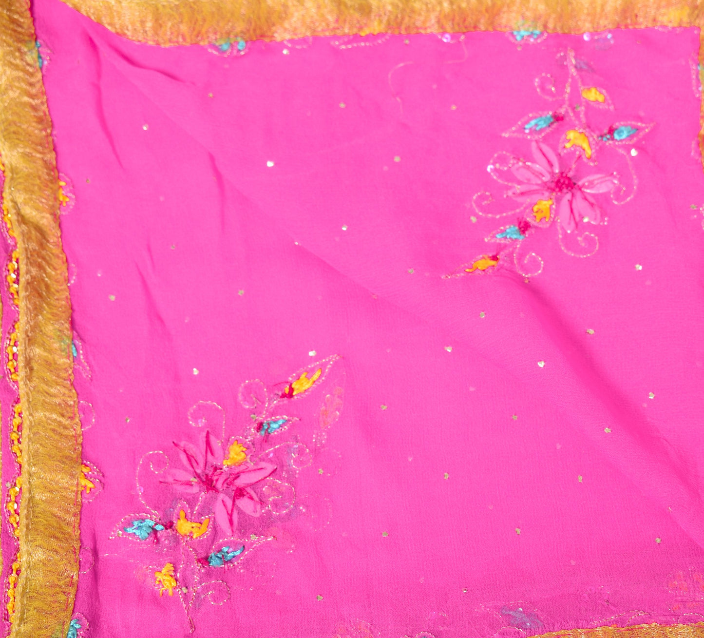 Sushila Vintage Yellow Pink Dupatta Pure Georgette Hand Embroidered Long Stole