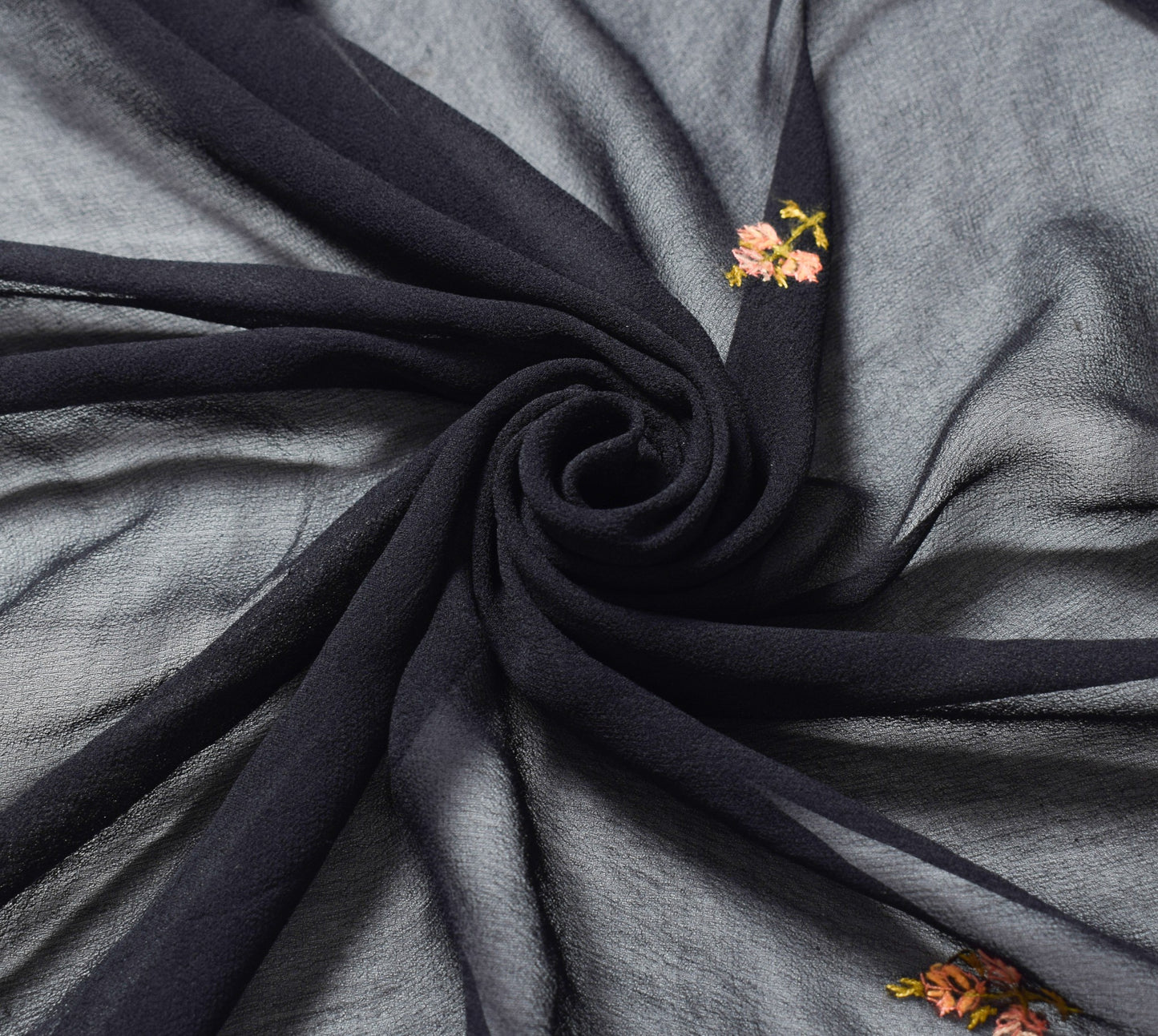 Sushila Vintage Hand Embroidered Dupatta Black Pure Georgette Floral Long Stole