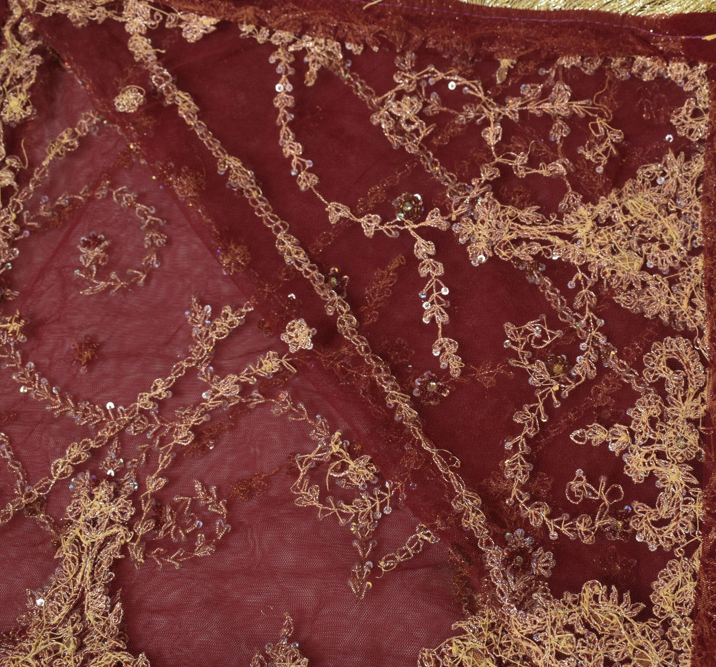 Sushila Vintage Zardozi Work Heavy Dupatta Net Mesh Maroon Wedding Long Stole