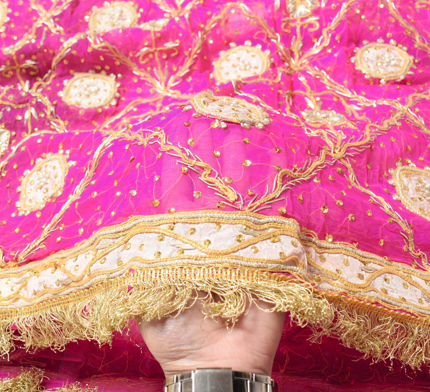 Sushila Vintage Magenta Gold Heavy Dupatta Pure Chiffon Hand Beaded Long Stole