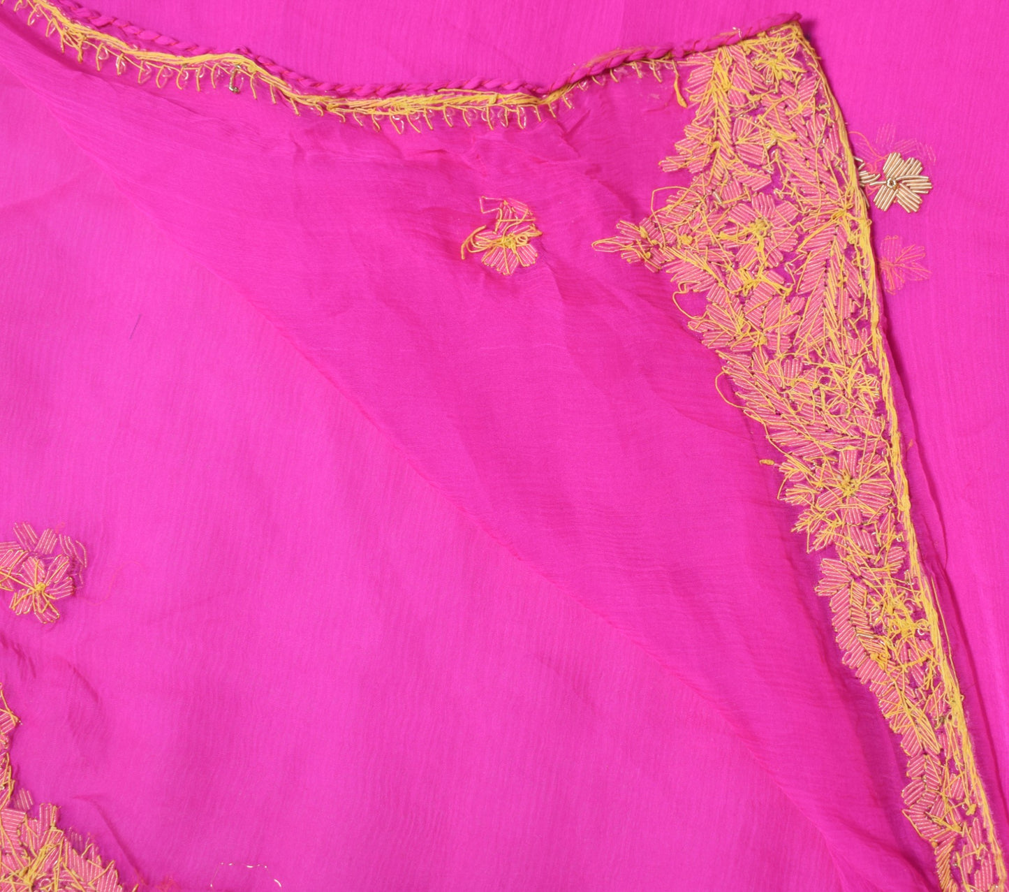 Sushila Vintage Pure Chiffon Dupatta Fuchsia Pink Hand Beaded Zardozi Long Stole