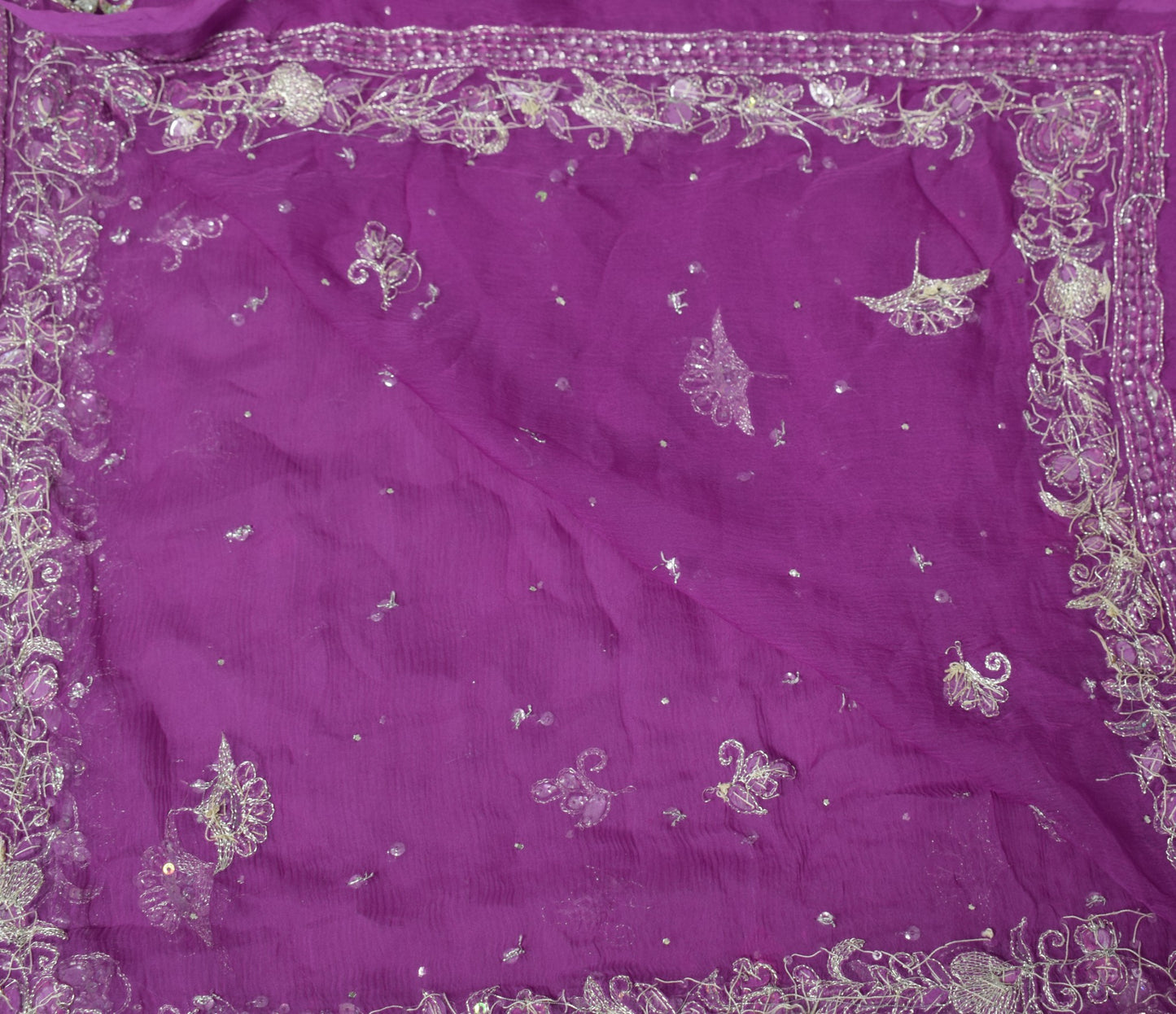 Sushila Vintage Purple Floral Dupatta Pure Chiffon Zari Embroidered Long Stole
