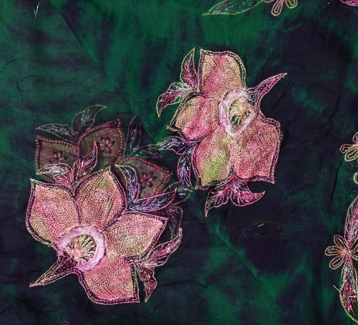 Sushila Vintage Green Black Dupatta Tie-Dye&Embroidered Pure Chiffon Long Stole