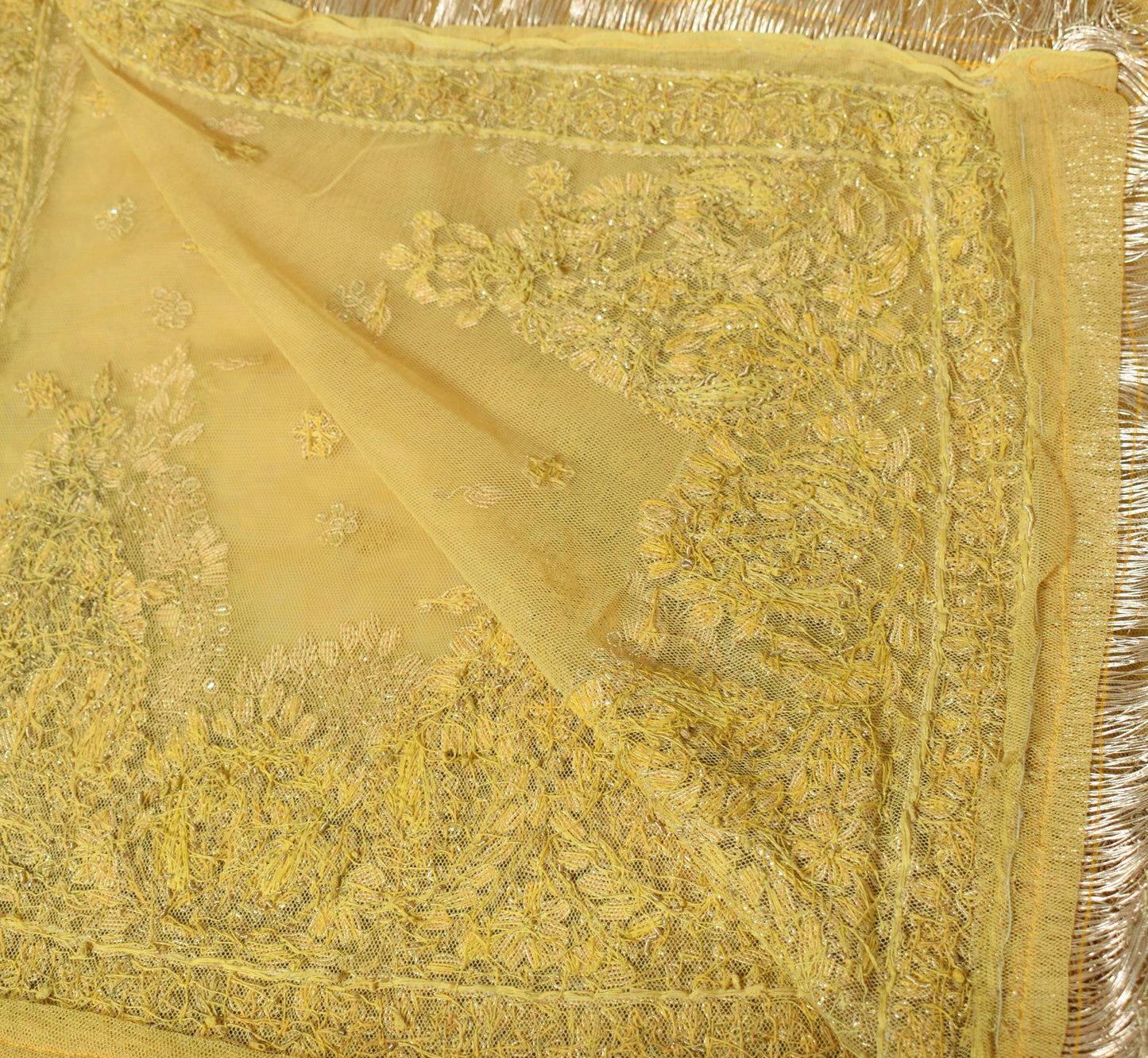 Sushila Vintage Yellow Net Mesh Heavy Dupatta Hand Beaded Zardozi Long Stole