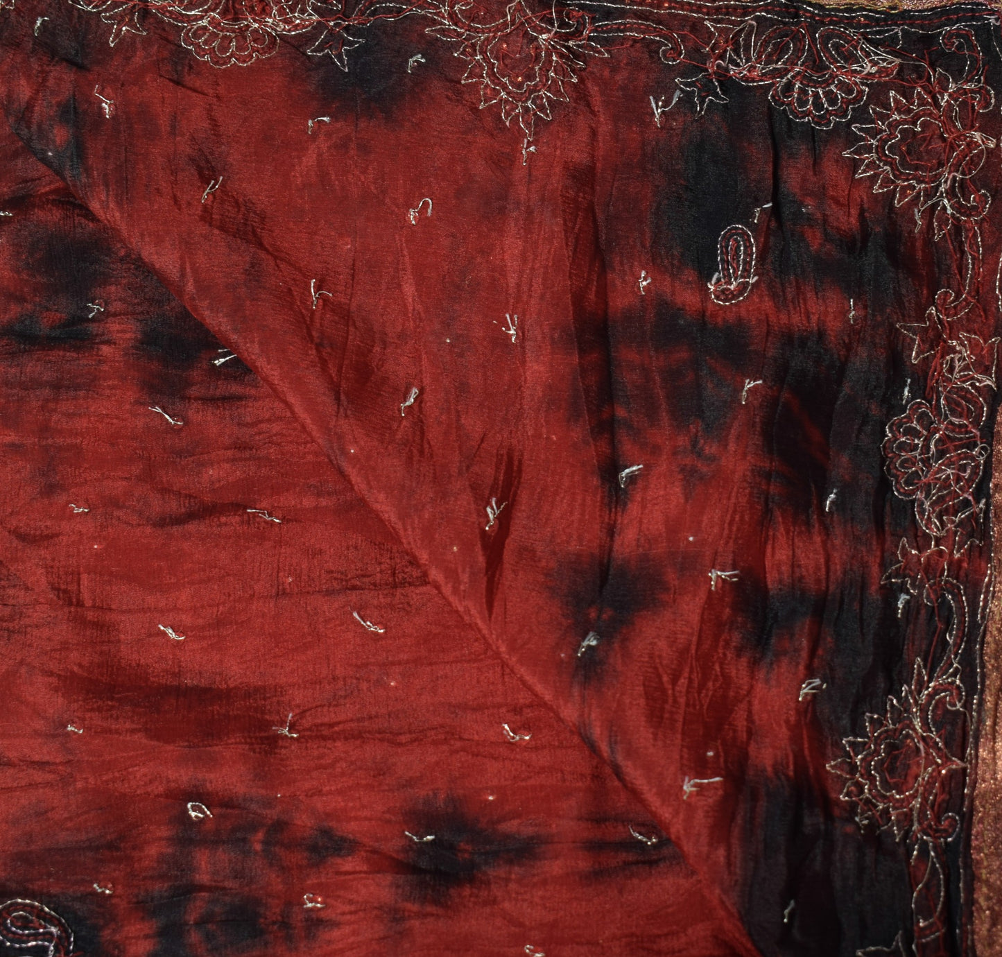 Sushila Vintage Red Tie-Dye Dupatta Pure Chiffon Hand Beaded Paisley Long Stole