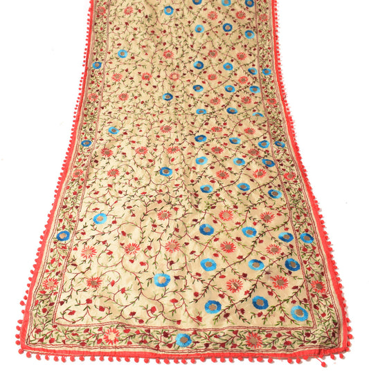 Sushila Vintage Beige Dupatta Art Silk Handmade Floral Phulkari OOAK Long Stole
